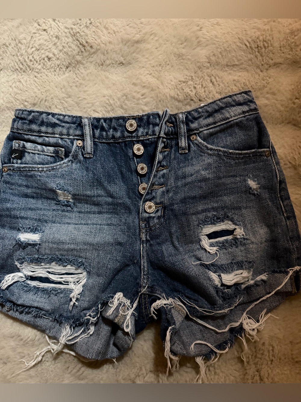 KanCan Distressed Button-Fly Denim Shorts - Dark Blue